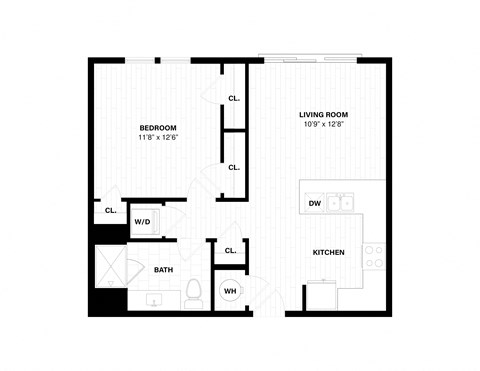 Floor plan for 1 bed, 1 bath, 701 sqft